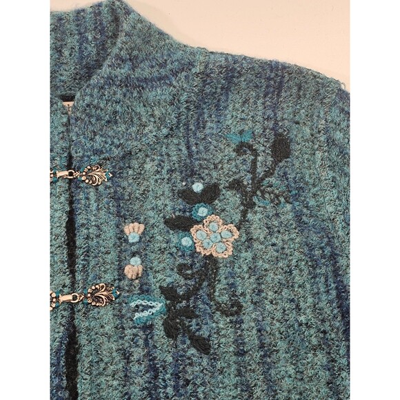 ALK Women's XL NorthStyle Teal Floral Embroidered Tunic Alpaca Blnd Cardigan EUC - Picture 4 of 9